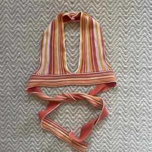 Orange White Halter Top Size S Striped Tie Back Crop Festival Boho Beach Plunge